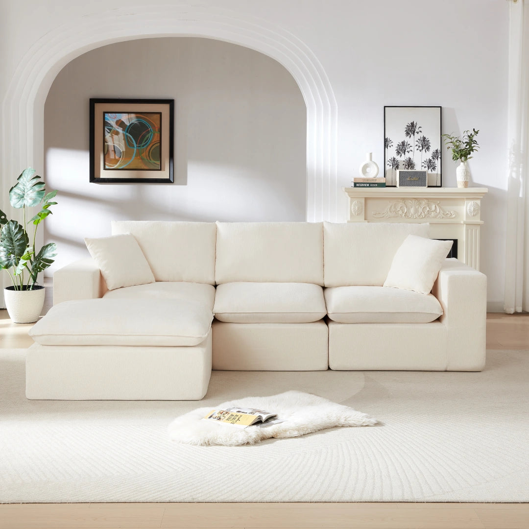White 3 Seat and 1 Ottoman Modern Chenille Cloud Sofa #6120