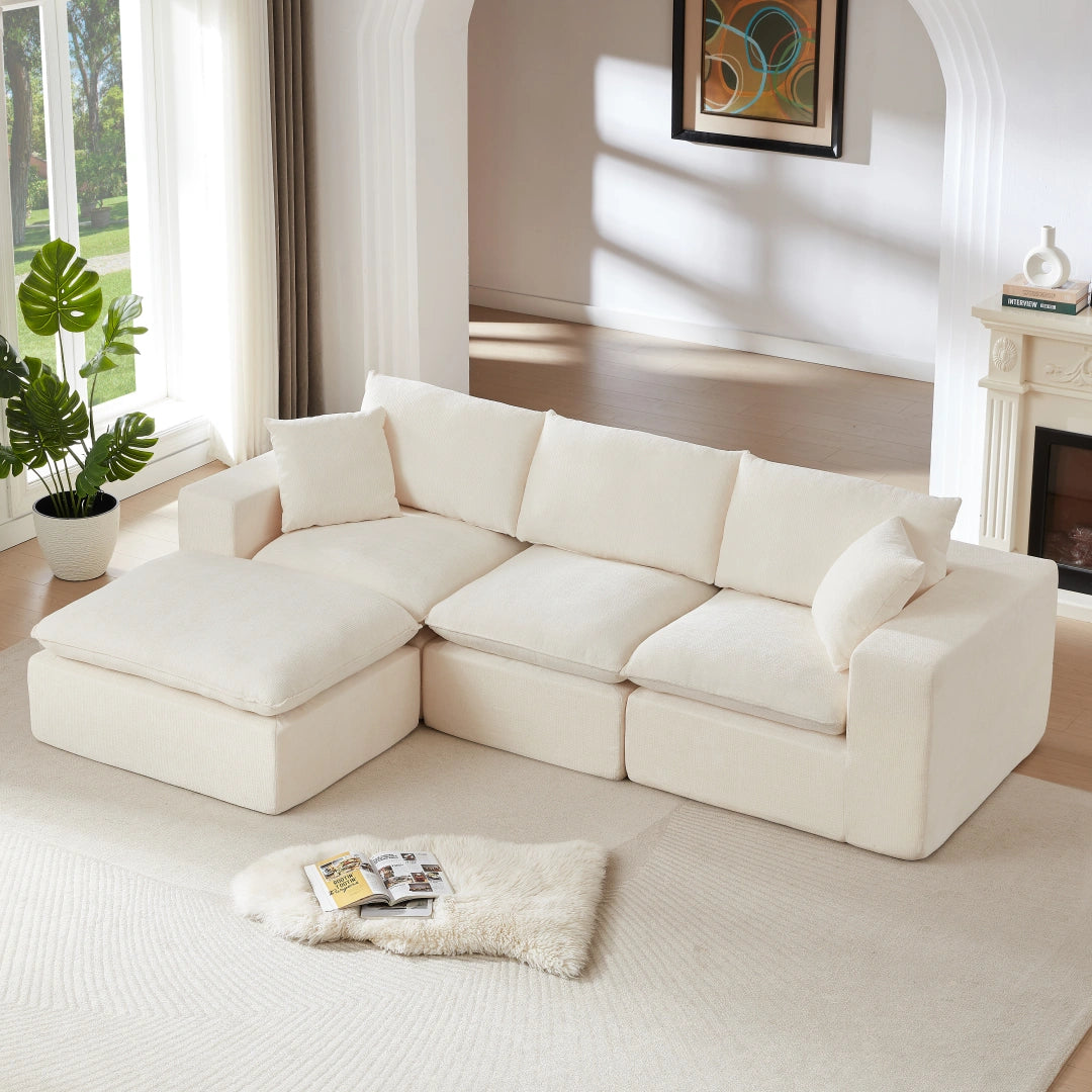 White 3 Seat and 1 Ottoman Modern Chenille Cloud Sofa #6120