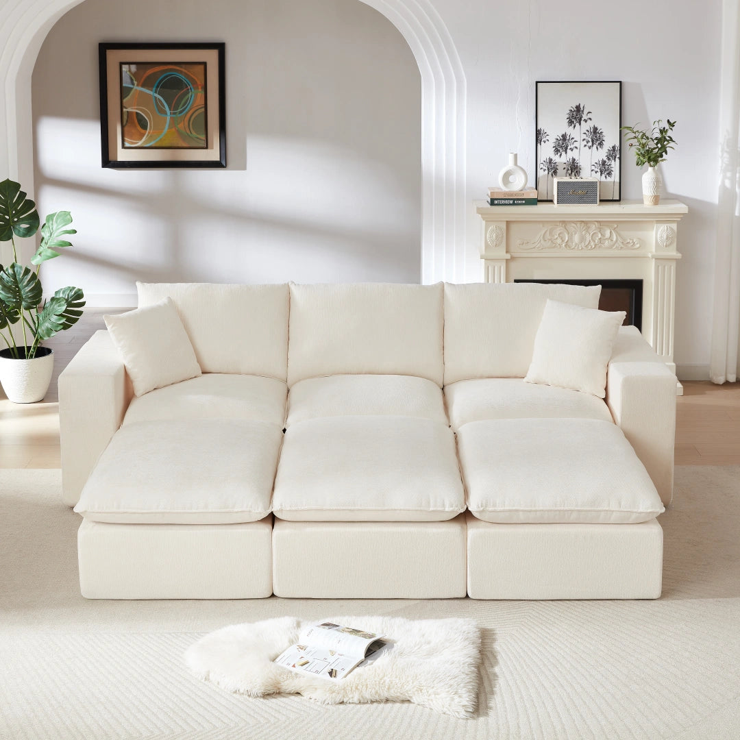 White 3 Seat and 3 Ottoman Modern Chenille Cloud Sofa #6120