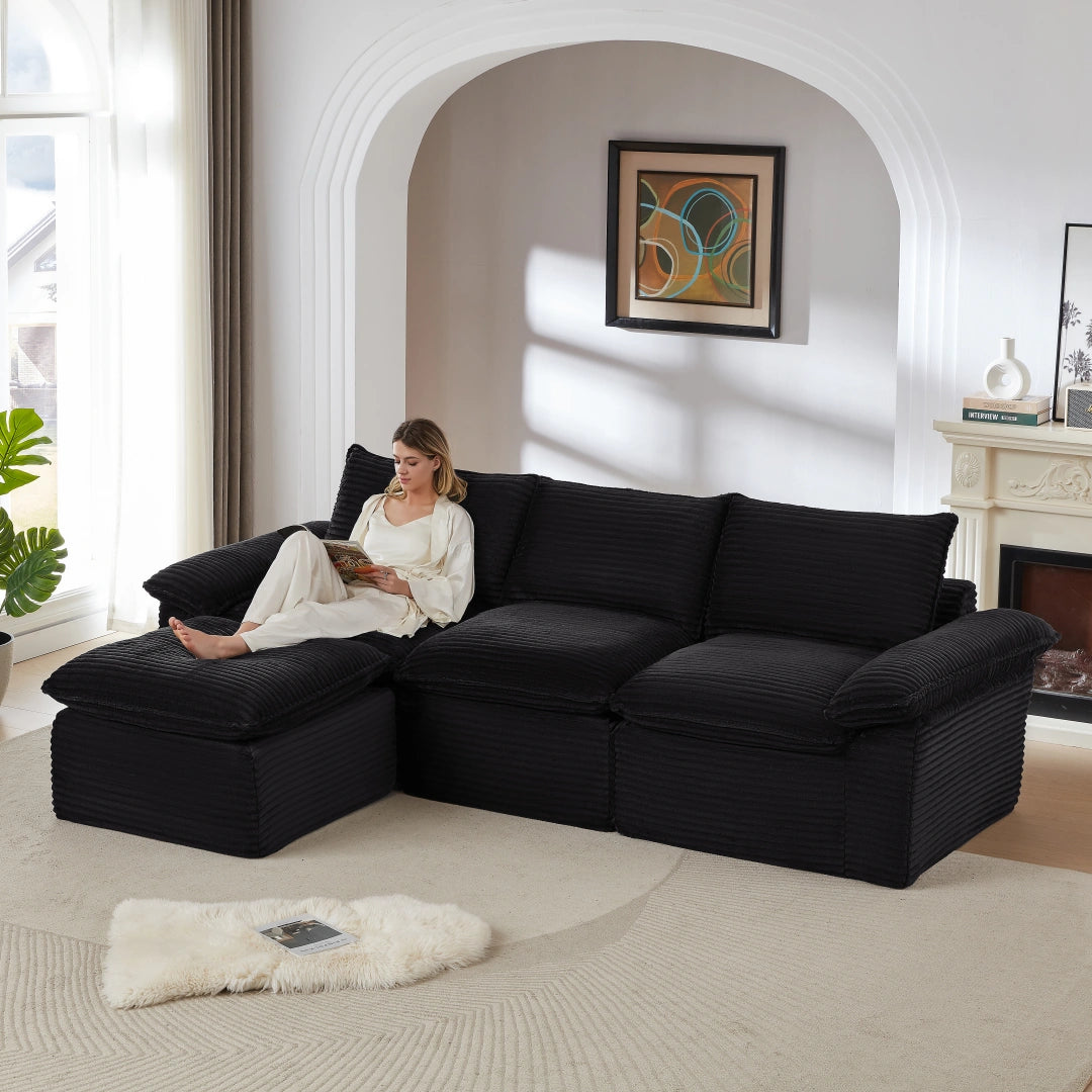 Black 3 Seat and Ottoman Modern corduroy cloud sofa #6108