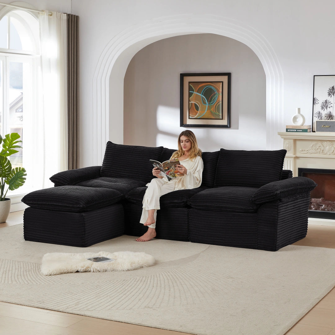 Black 3 Seat and Ottoman Modern corduroy cloud sofa #6108