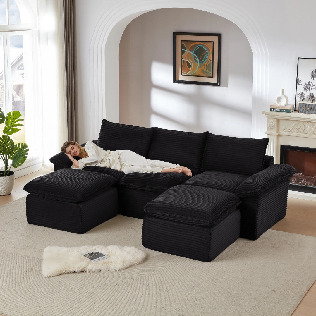 Black 3 Seat and 2 Ottoman Modern corduroy cloud sofa #6108
