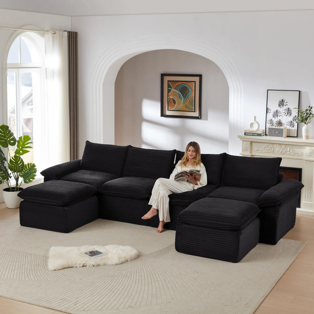Black 4 Seat and 2 Ottoman Modern corduroy cloud sofa #6108