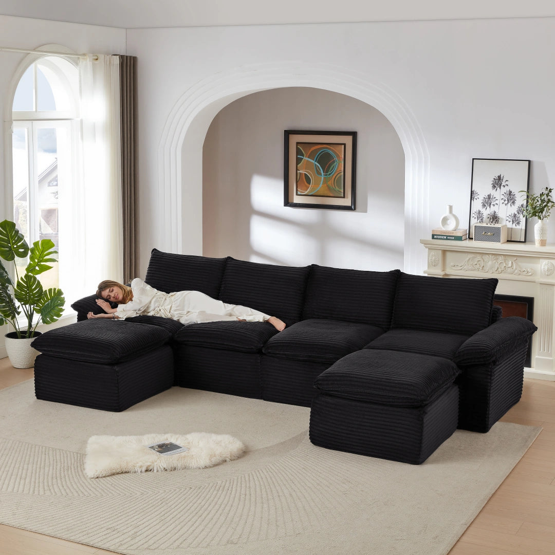 Black 4 Seat and 2 Ottoman Modern corduroy cloud sofa #6108