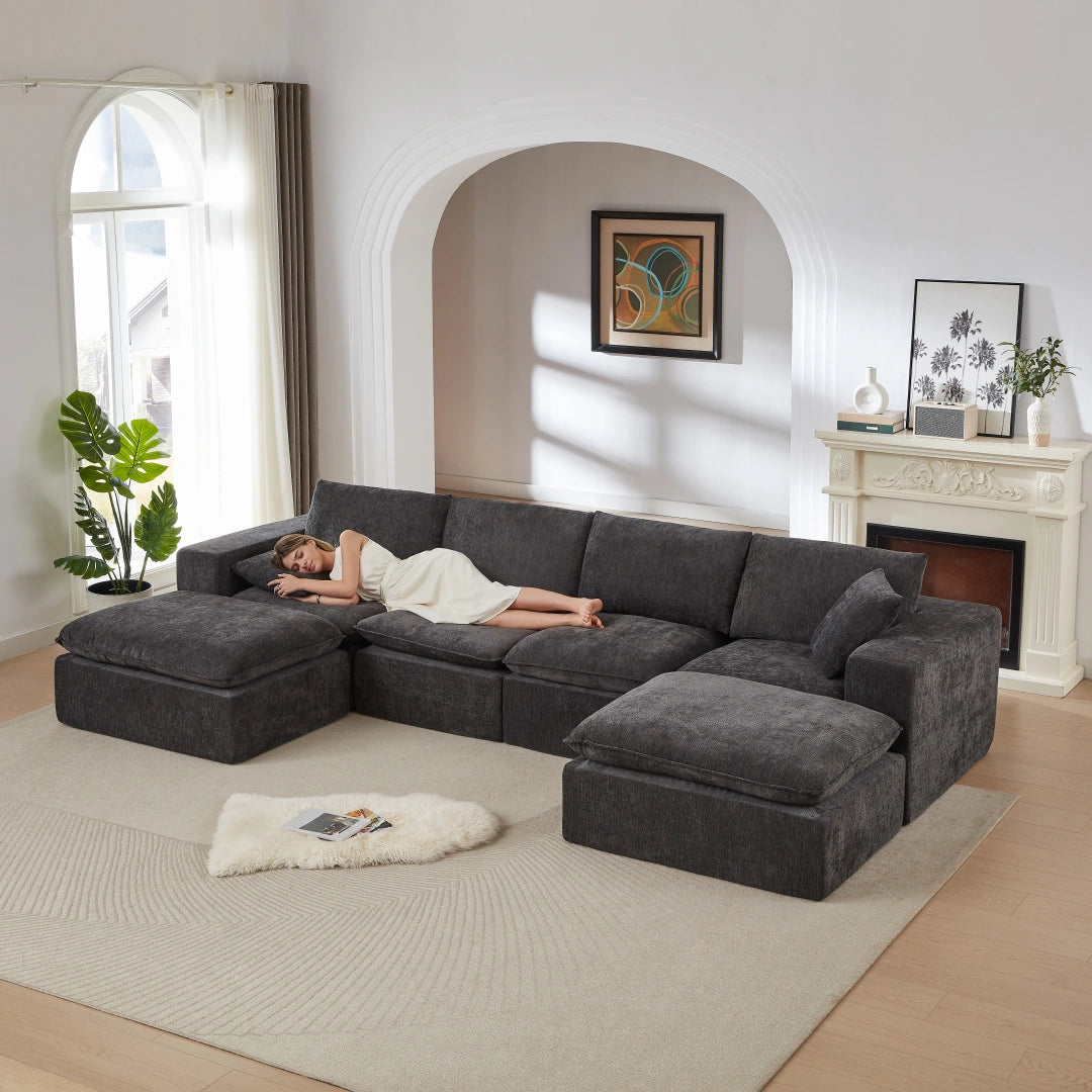 Dark Gray 4 Seat and 2 Ottoman Modern Chenille Cloud Sofa #6120