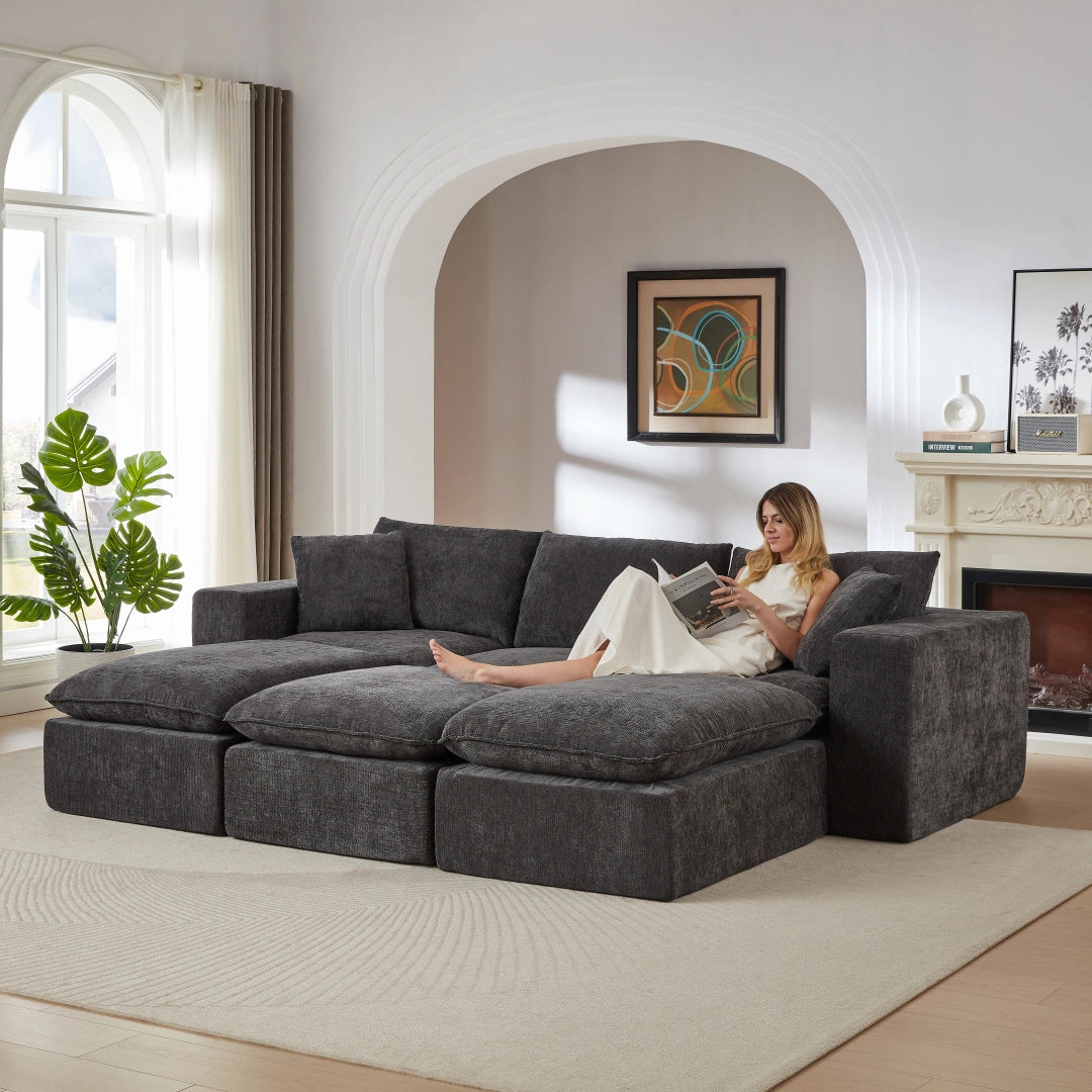 Dark Gray 3 Seat and 3 Ottoman Modern Chenille Cloud Sofa #6120