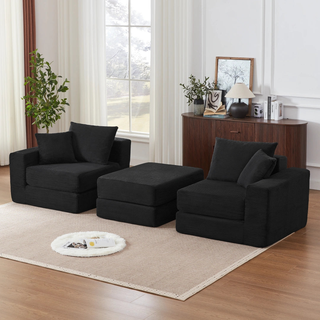 Black 2 Seat and 1 Ottoman Modular Sectional Loveaeat Cloud Sofa #6083
