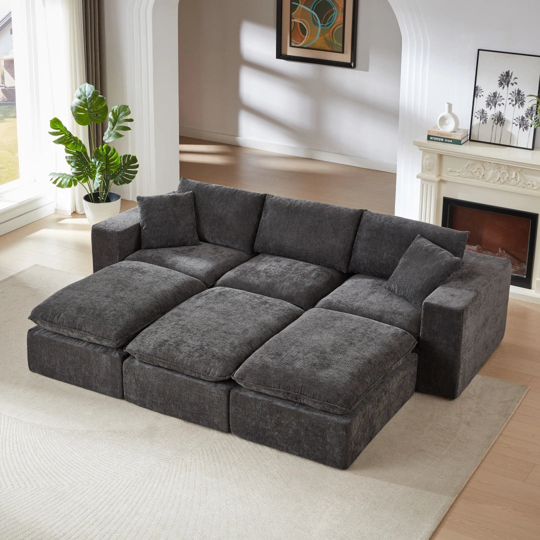 Dark Gray 3 Seat and 3 Ottoman Modern Chenille Cloud Sofa #6120