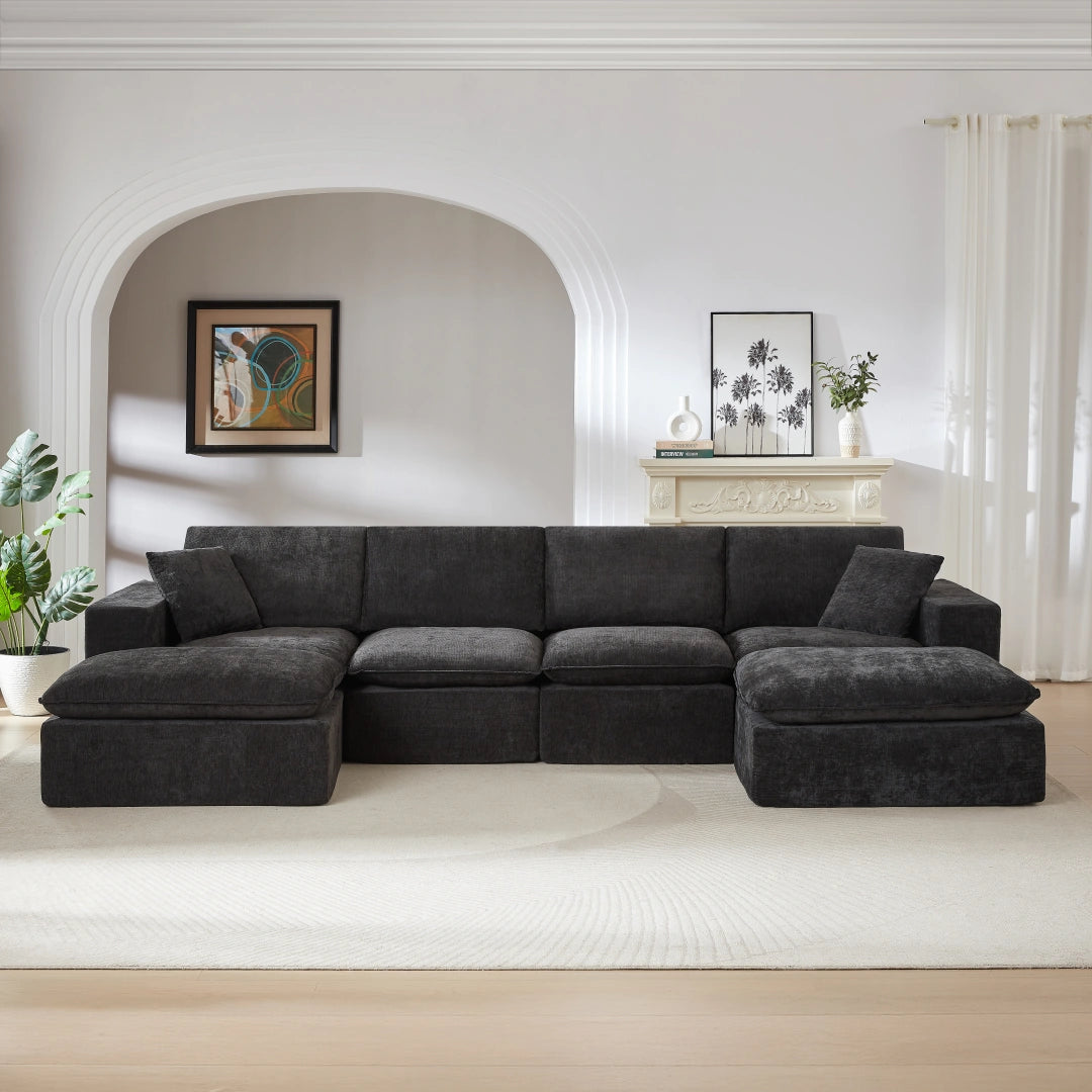 Black 4 Seat and 2 Ottoman Modern Chenille Cloud Sofa #6120