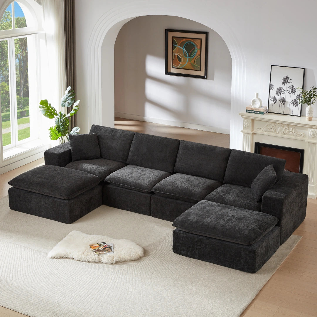 Black 4 Seat and 2 Ottoman Modern Chenille Cloud Sofa #6120