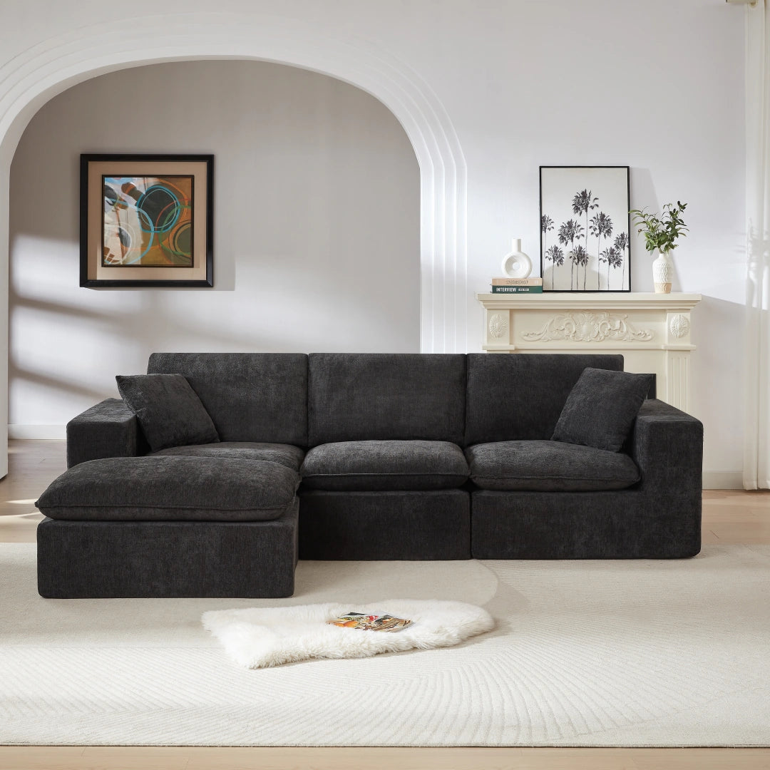 Black 3 Seat and 1 Ottoman Modern Chenille Cloud Sofa #6120