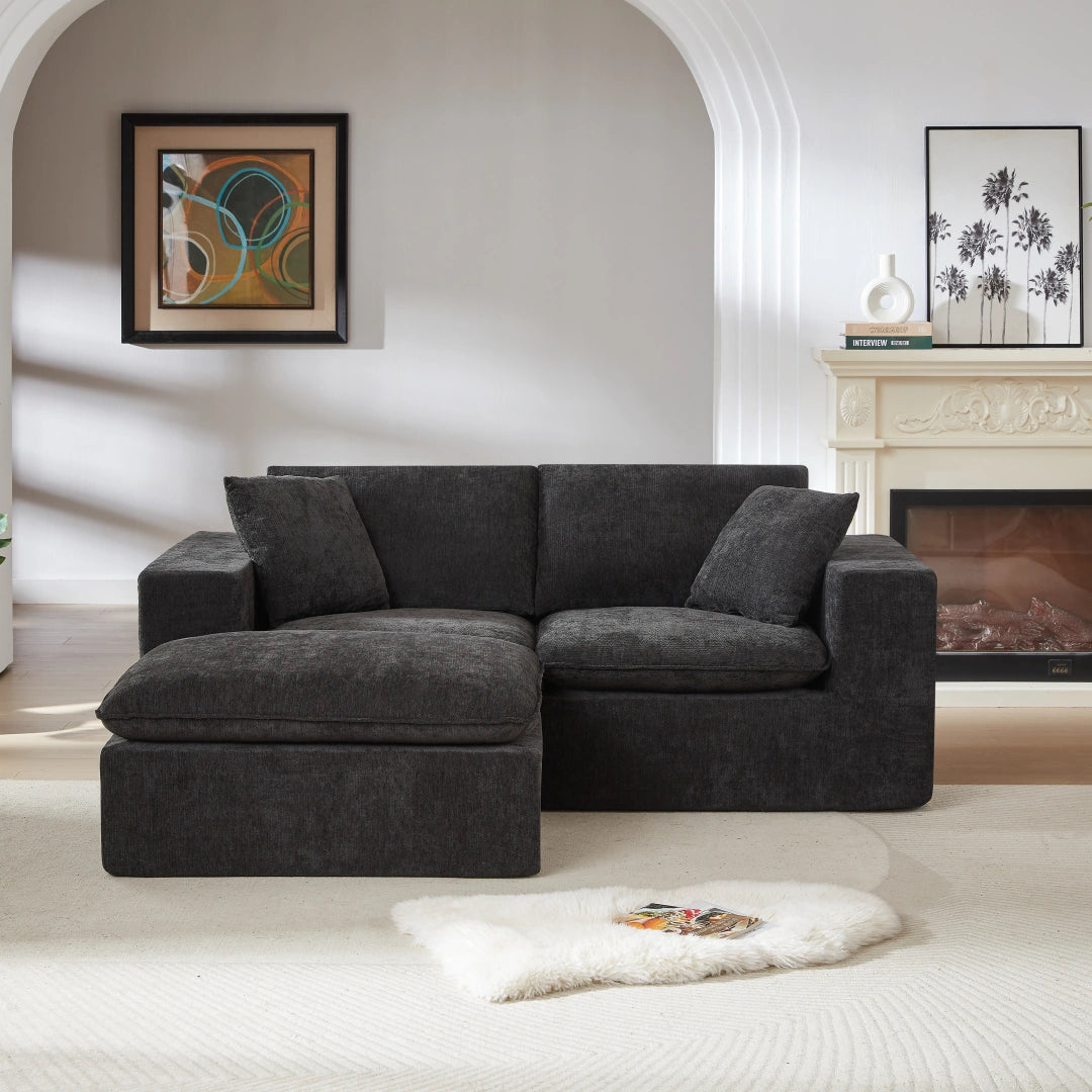 Black 2 Seat and 1 Ottoman Modern Chenille Cloud Sofa #6120
