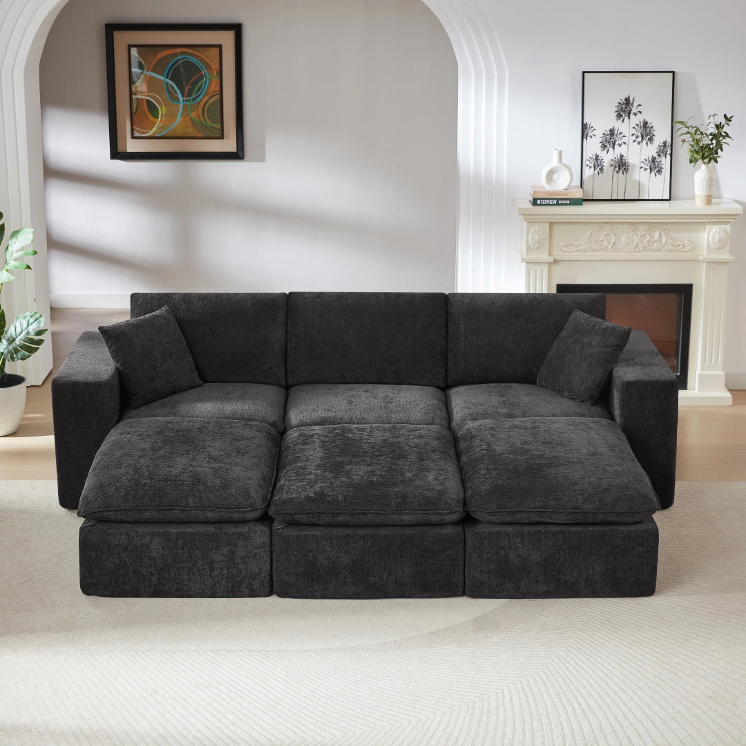 Black 3 Seat and 3 Ottoman Modern Chenille Cloud Sofa #6120