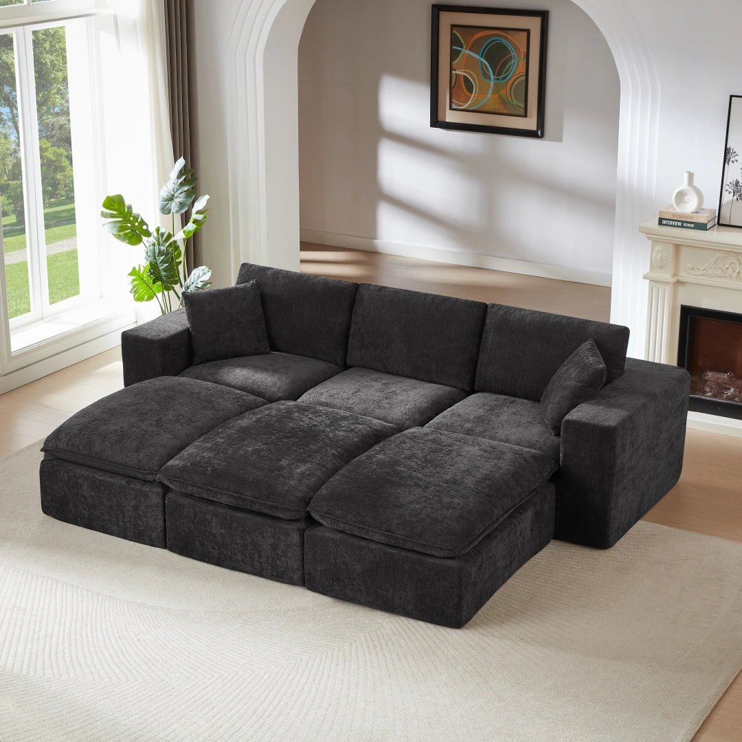 Black 3 Seat and 3 Ottoman Modern Chenille Cloud Sofa #6120
